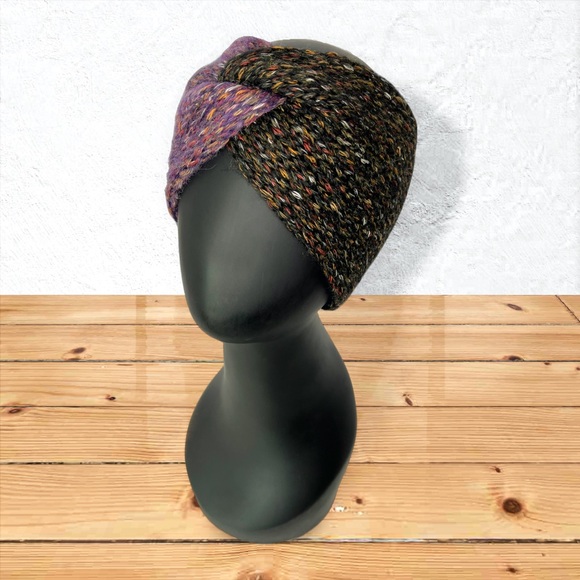 Handmade Cotton Alpaca Tweed Knit Twist Ear Warmers Purple Iris & Black Charcoal - Picture 9 of 10
